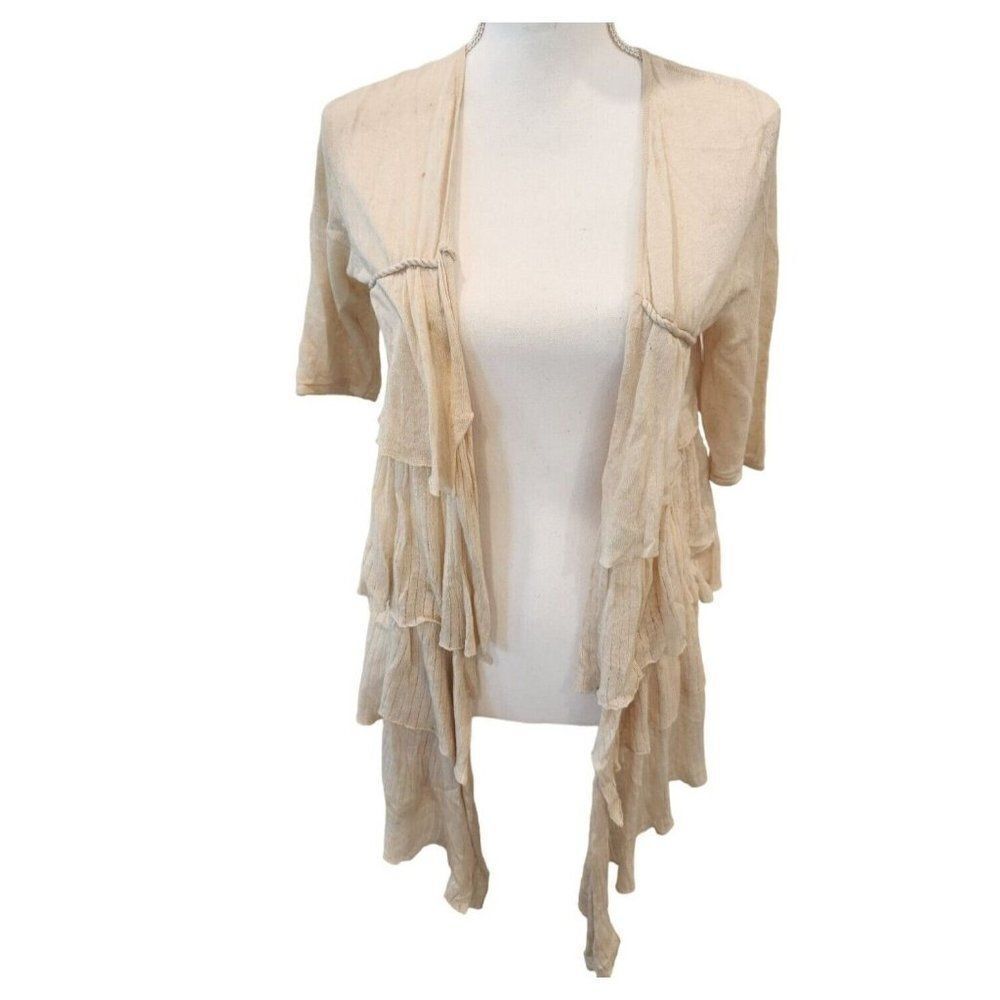 Anthropologie Moth Beige Linen Blend Elbow Length Open Waterfall Front Cardigan